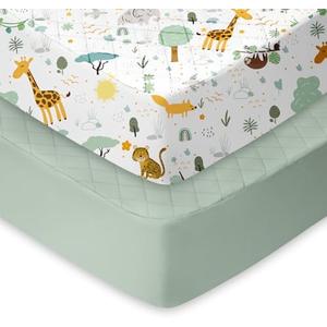 TotChill Light Quilted Crib Sheets 2 Pack, Soft Fitted Sheets for Standard Crib and Toddler Mattresses, Safari Animal