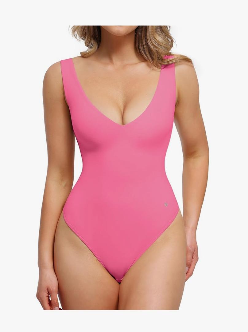 Popilush Body Suits for Women - Going Out Tank Tops - Plunge Deep V Neck Backless Sleeveless Tummy Control Shapewear Bodysuit M