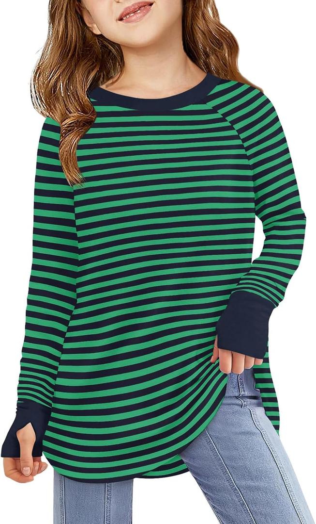 Haloumoning Girls Striped Thumb Hole Long Sleeve Shirts Kids Crewneck Tunic Tops Curved Hem Tees, Dark Green, Size: 9-10 Years