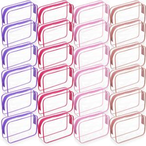 24 Pack Clear Makeup Bags Bulk Cosmetic Storage Bag Waterproof PVC Pouch with Zipper for Travel Organizer Plastic Toiletries Case for Women Traveling Bathroom, 7"x 4.7"x 2.4" (Pink)