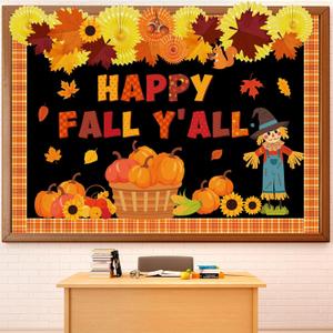 Pasimy Fall Bulletin Board Classroom Decorations with Paper Fans 3D Maple Leaf Scarecrow Autumn Pumpkin Cutouts Fall Autumn Thanksgiving Bulletin Board for Harvest School Classroom Decor