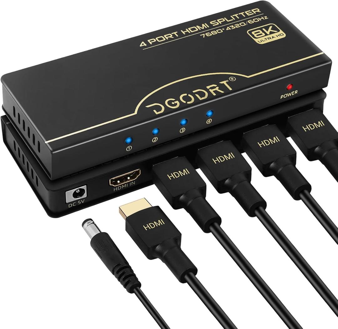 DGODRT 8K@60Hz HDMI Splitter 1 in 4 Out, 1x4 Power HDMI 2.1 Splitter 4 Ports Distributor Box, Support 4K@120HZ HDCP 2.3 3D HDR 48 Gbps for HDTV, Fire Stick, PS5, Xbox, Blu Ray(HDsplit8K-4P)