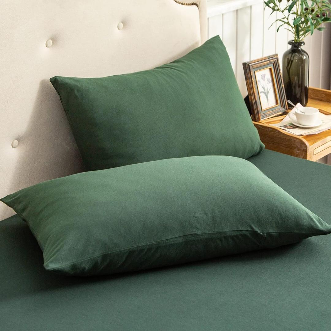 PURE ERA Jersey Knit Pillowcases 100% T-Shirt Cotton Super Soft Comfy Breathable, Set of 2, King 20" x 36", Solid Forest Green