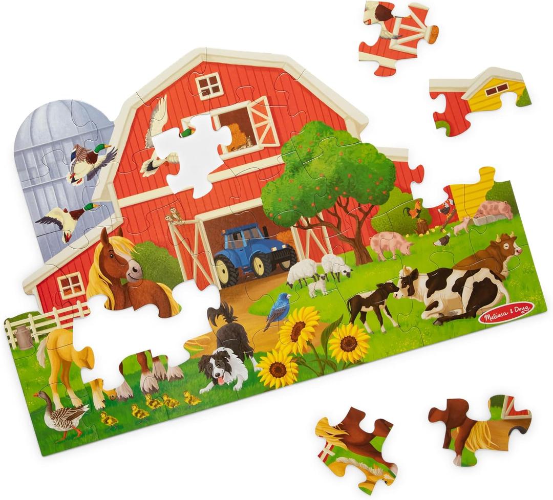 Melissa & Doug Busy Barn Shaped Jumbo Floor Puzzle, 32-Piece Barn-Shaped Jigsaw Puzzle with Farm Animals, 3 x 2 Foot Toddler Puzzles for Kids Ages 3+