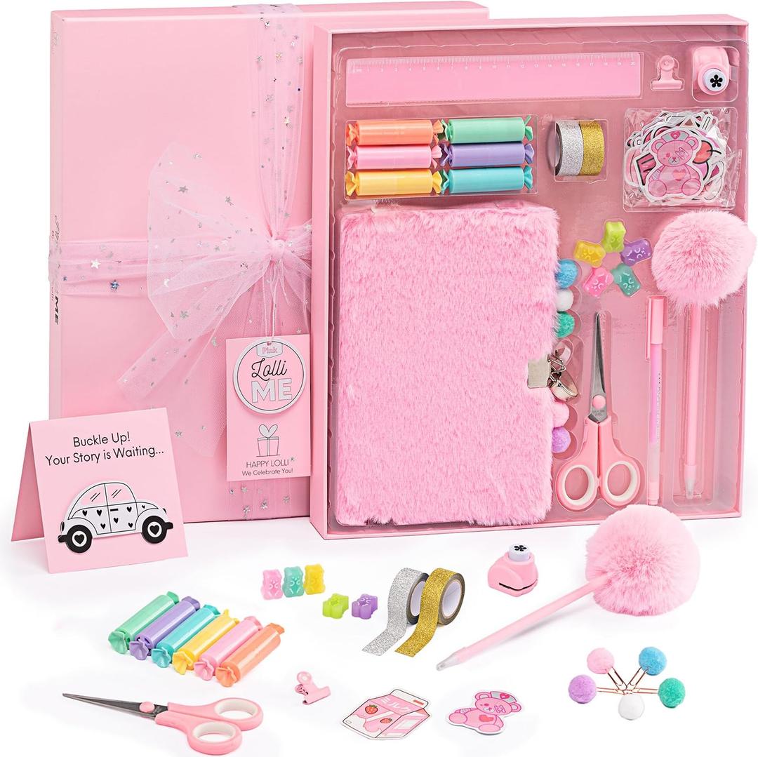 HAPPY LOLLI Pink LolliME DIY Journal Kit for Tween & Teen Girls Ages 814, Birthday Gift, 300+ Pieces Lockable Diary Set, Arts & Crafts, Scrapbook & Creative Journaling
