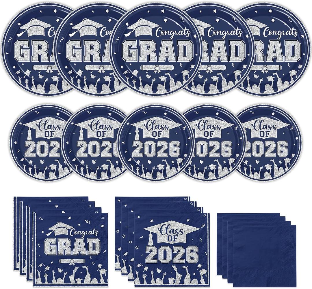 Graduation Party Plates and Napkins Blue Graduation decorations class of 2026 Blue Disposable Paper Plates Luncheon Napkins Cocktail Napkins for Congrats Grad Party Decorations Serve 50