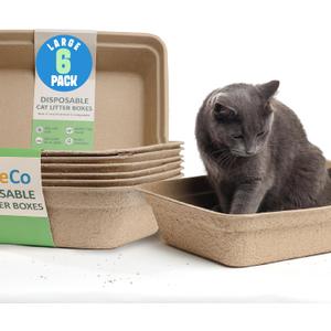 CallieCo Disposable Cat Litter Boxes - Portable Biodegradable Travel Litter Box for Cats, Sturdy and Durable Kitty Poo Box, Leak-Resistant Cat Tray Liners, Easy-Grip Rim, Large - 6 Pack