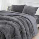 Faux Fur Comforter Set with Fitted Sheet - Luxury Ultra Soft Fluffy Fuzzy Queen Comforter Set, Cozy Warm Plush Bedding Comforter for Winter, 4 Pcs(1 Comforter +1 Fitted Sheet + 2 Pillowcases) (Dark Grey)