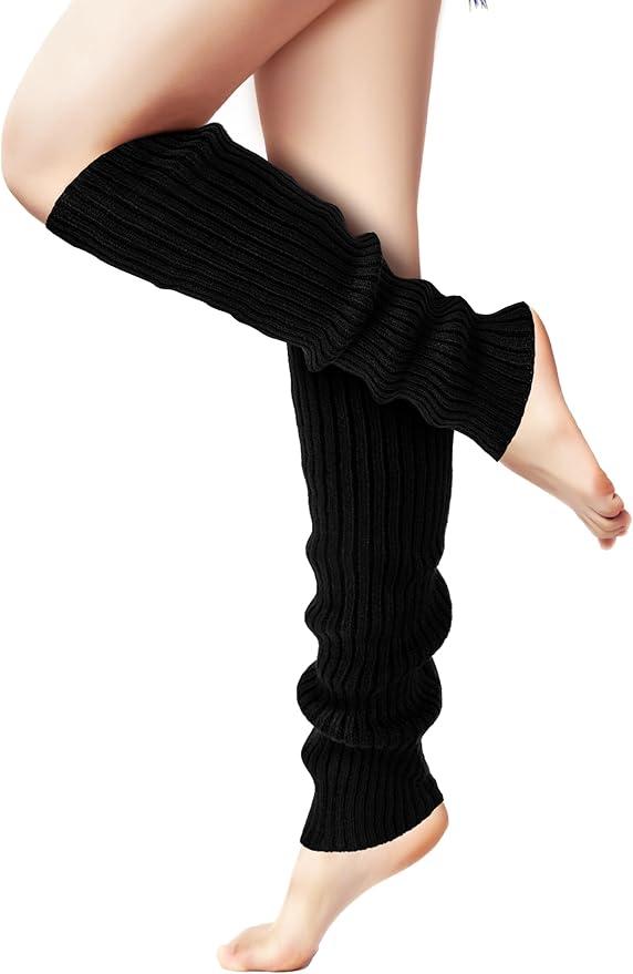 Leg Warmers Womens 80s Ribbed Knitted Long Socks, Retro Dance & Yoga Legwear, Fashion Leg Warmers (Black)