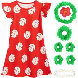 Little Girls Costume Red Leaf Dress Toddler Halloween Cosplay Outfit with Flower Necklace Red Hair Clip (Red)