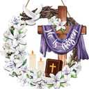 2 x He is Risen Easter Decorations Wooden Wreaths for Front Door Christian Cross Ornaments Easter Porch Sign Decor Wreath Jesus Lily Flowers Ornaments Hanging Crafts for Home Farmhouse Spring Party Decor