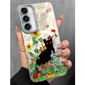 Toycamp for Samsung Galaxy S25/S24 Case - Compatible with Magsafe Aesthetic Cute Holographic Galaxy S25 Case with Diamond Bling Lens Protector for Samsung S24 Cover for Women Girls, Flower Cat