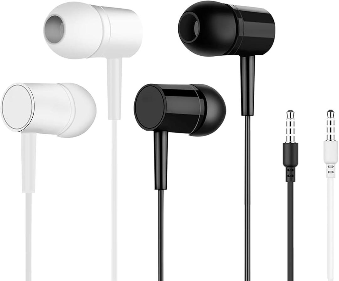 2 Pack Wired Earbuds with Microphone, Deep Bass Noise Isolating in-Ear Headphones, HD Stereo Sound, Secure Fit for Sports/Running/Gym, Universal 3.5mm Jack (Black+White)