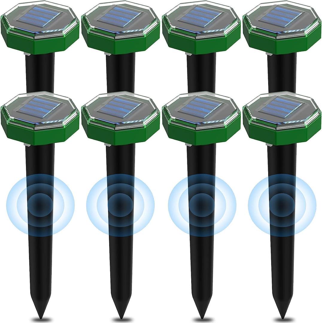 Solar Powered Ultrasonic Mole Repellent Stakes 8PCS, Waterproof Outdoor Gopher Deterrent for Yard Garden, Effective Control for Moles, Voles and Gophers