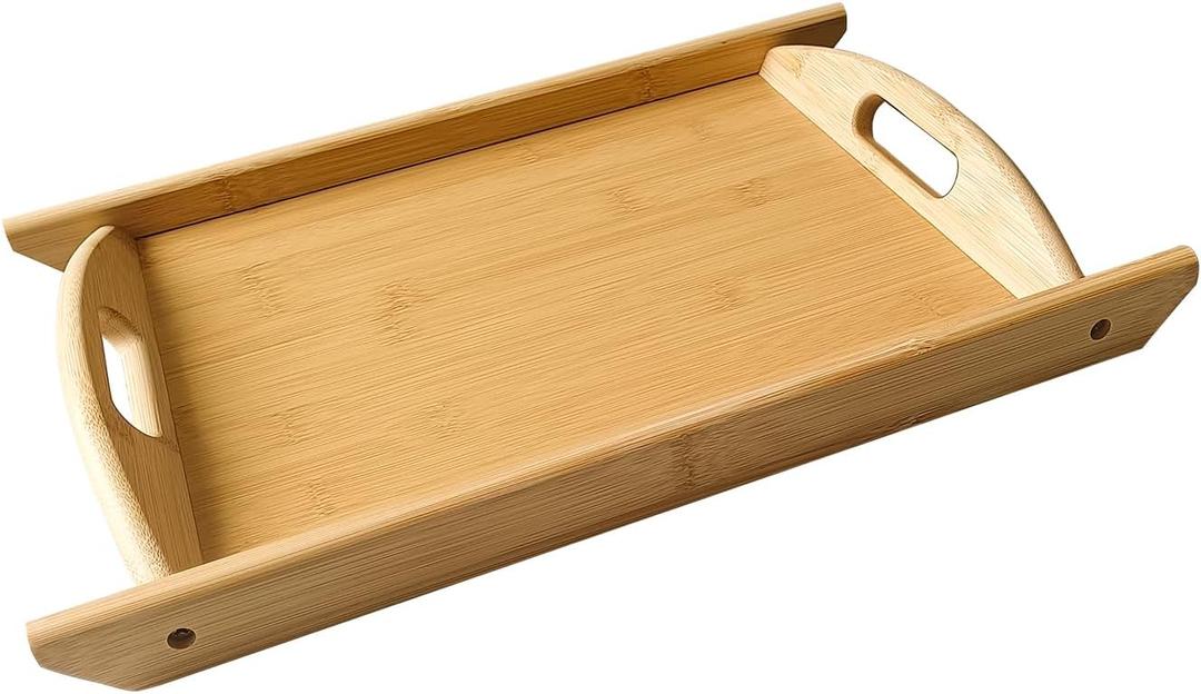 Bamboo Serving Tray Rectangle Platter Breakfast Dinner Food Bed Tray for Eating Kitchen Restaurants (1, 15" x 10.2" x 1.2" (with Handle))