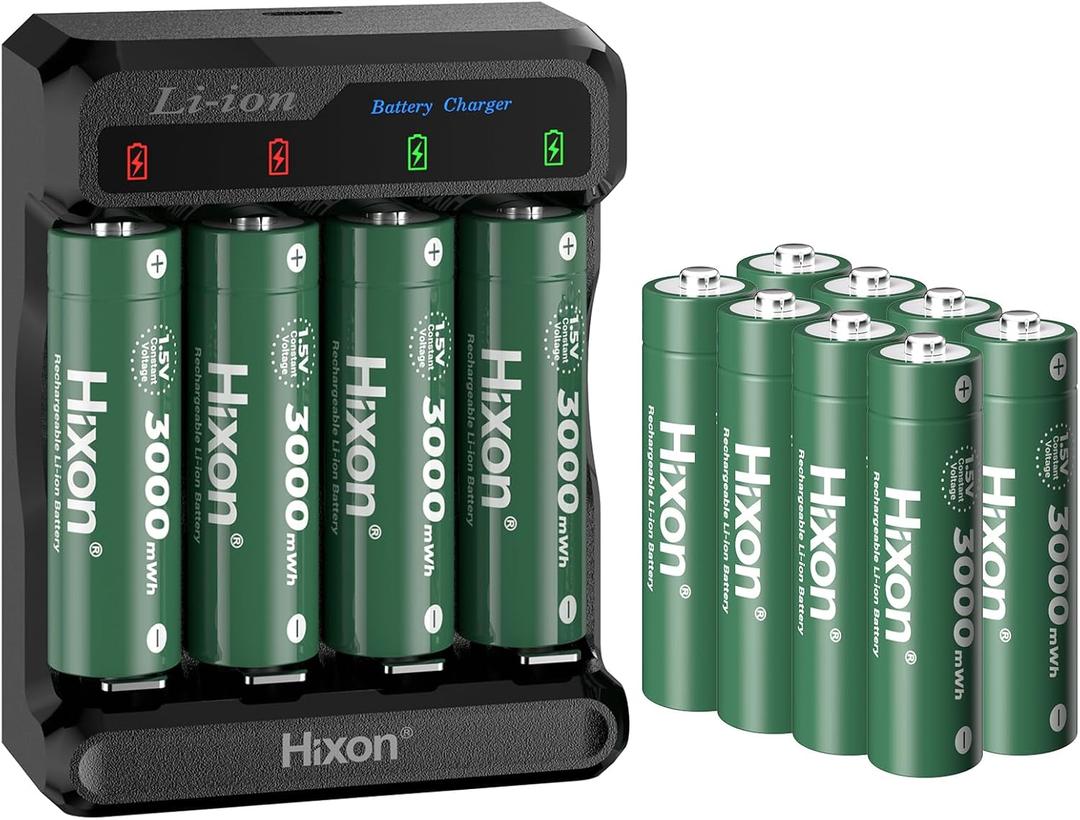 Hixon 1.5V Lithium Batteries AA Rechargeable,12-Pack 3000mWh High-Capacity Long-Lasting Double AA Li-ion Battery with Fast Charger,1600Cycle, Fits for Household & Office Device.