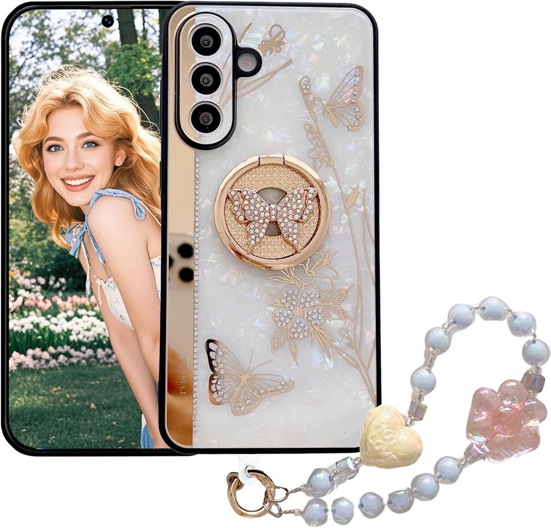 for Samsung Galaxy A16 Glitter Case with Chain Bracelet & Kickstand, Bling Butterfly Flower Shockproof Protective Cover, Sparkle Crystal Pearl Design for Samsung A16 DLH-White