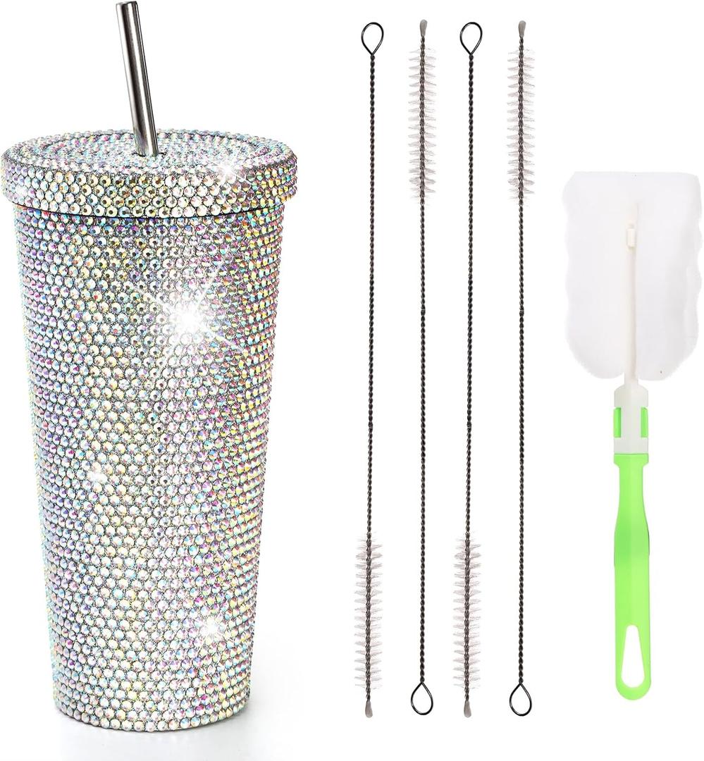 27 OZ Bling Diamond Tumbler, Glitter Tumbler with Straw and Lid, Sparkly Stainless Steel Thermal Drinking Water Cup, Rhinestone Water Bottle with 1 Pcs Brush & 4 Pcs Straw Brushes for Women