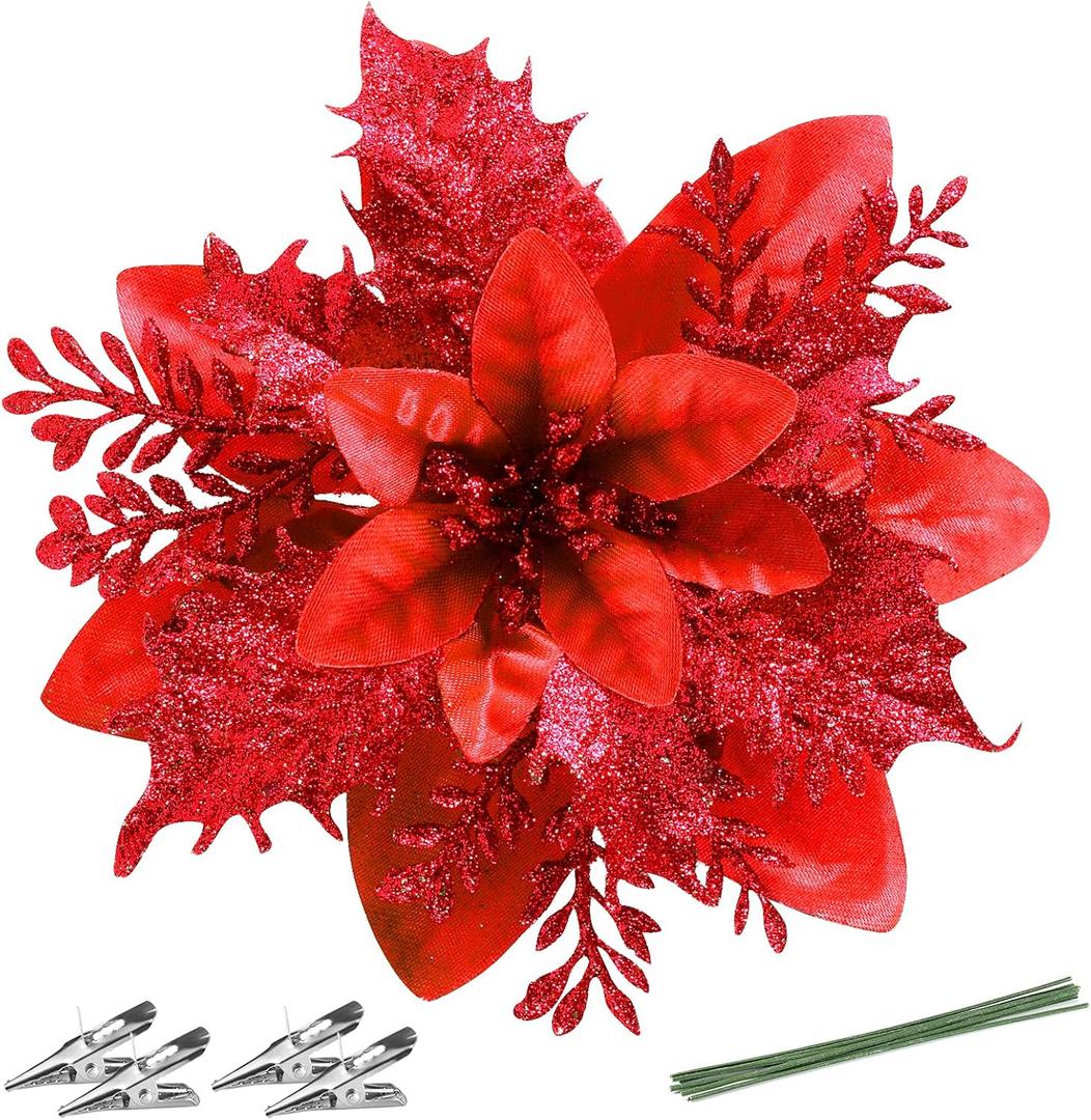 FurRain Christmas Poinsettia Artificial Flowers Decorations 5.5" Christmas Tree Wreaths Garland Decoration 12 Pcs Glitter Flowers Picks Decor for Xmas New Year Wedding Party Ornaments (Red)