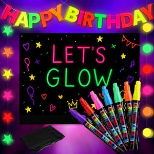 AmazingSpark Neon Birthday Party Decorations, DIY Glow in The Dark Party Supplies Include 8 Neon Fluorescent Pens, 3 Happy Birthday Banner Glow Dots, and 1 Black PVC Background