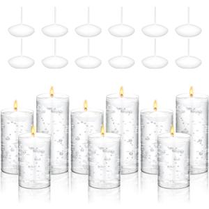 Hoolerry 9 Set Glass Cylinder Vases for Centerpieces, Multiple Size Clear Hurricane Candleholder with Floating Candles Artificial String for Wedding Table Decor(4.7", 6", 8",White)