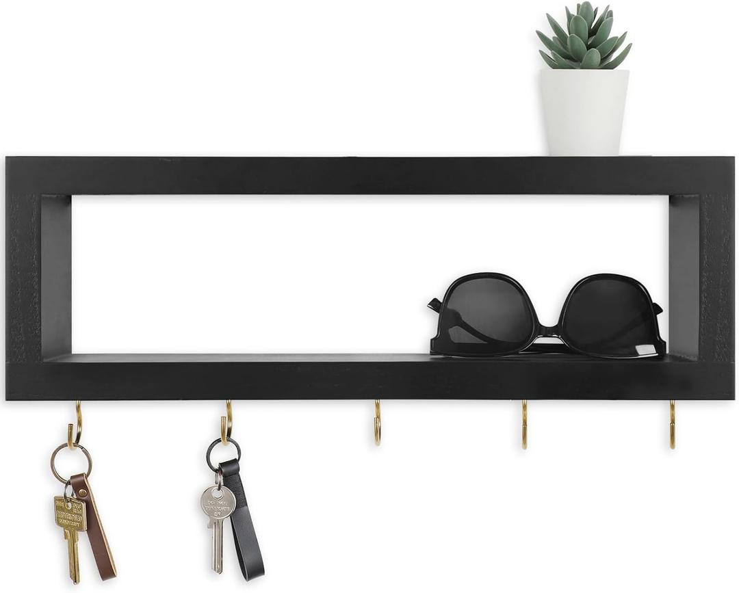 Wall Shelf with Hooks - Decorative Key and Wallet Holder for Wall Holds Sunglasses, Leashes, Scarves and Lanyards - 15.7" x 5.1" x 2.9" Entryway Organizer Made of Paulownia Wood (Black)