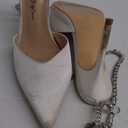 BlingQueen Women's Heeled Sandals Crystal Chain Rhinestone Embellished Strap Pumps Pointy Stilettos Backless Wedding Dressy Bridal Shoes 6.5, White 