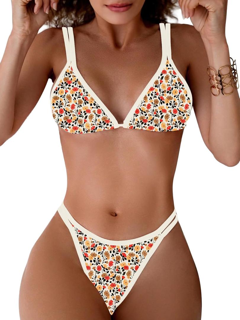 TASHEHE Women's Bikini Set High Leg Cut Double Straps Cute Triangle Swimsuit High Waist Two Piece Bathing Suit (Yellow / Floral / 402), Small