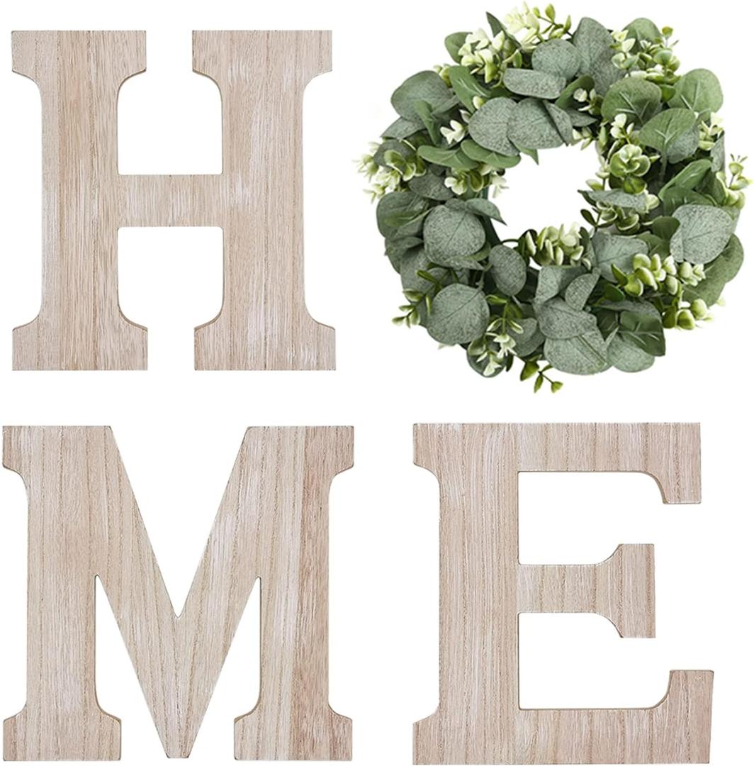 Wooden Home Sign Wall Hanging Decor Wood Home Letters for Wall Art with Artificial Eucalyptus Wreath Rustic Home Decor Farmhouse, Wall Decor for Living Room Entryway Housewarming Gift (Natural) (9.8L" x 9.3W")