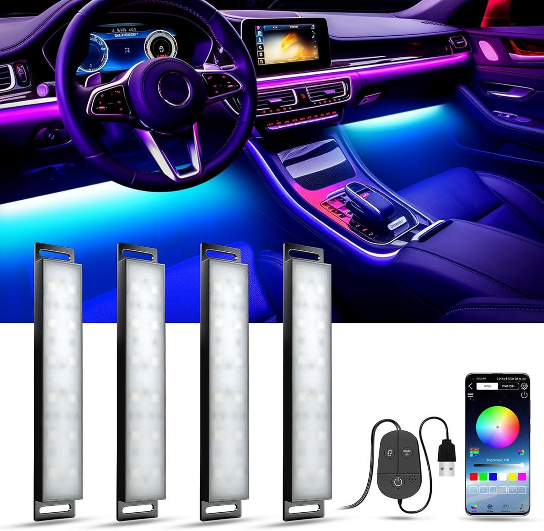 YiLaie Car LED Lights Interior, Multcolor RGB LED Lights with APP Control and Music Sync, Interior Lights for Car Accessories, 4PCS USB Under Dash Lighting Kit with DIY Mode, DC 5V (APP+3 Buttons Control, RGB USB Port)