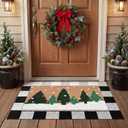 Tinideya 2 Pcs Christmas Door Mat Snowy Trees Green Forest Non Slip Xmas Winter Floor Doormat Buffalo Plaid Checked Mat for Front Porch Entryway