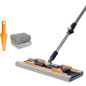 18" Microfiber Flat Mops for Floor Cleaning, Commercial Dust Mop for Hardwood Floors with Stainless Steel Handle - 2 Reusable Flat Mop Refills and 1 Dirt Removal Scrubber Included