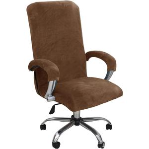 Velvet Plush Stretchable Office Desk Chair Cover - Cat Proof Elastic Comfy Protector for Ergonomic Office Chair with Wheels and Armrests, Fits Mesh and Executive Office Chairs, Removable, Brown, XL
