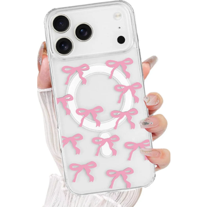 DALIHEBO Magnetic Case for iPhone 17 Pro, 3D Pink Magnetic Stand Bowknot Phone Case, Cute Pink Clear Bow Aesthetic Design Soft Durable TPU Transparent Protective Cover for Women Girls-03