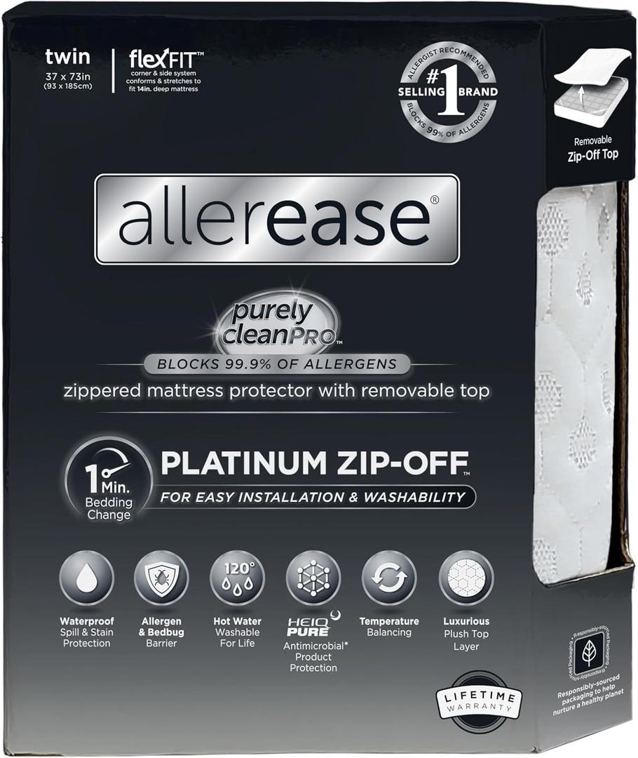 AllerEase Platinum Zip-Off Top Waterproof Mattress Protector Twin Size 360 Degree Zipper Allergen Barrier Temperature Balancing Luxurious Plush Top Separately Machine Washable Mattress Cover (White)