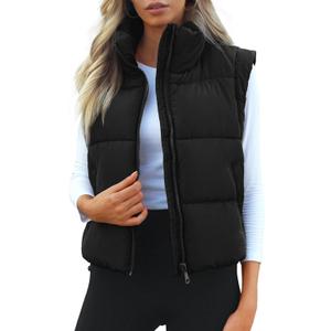Cityork Women's Puffer Vest Lightweight Sleeveless Winter Outerwear Full Zipper Warm Padded Gilet Jacket Coat with Pockets (Black) XL