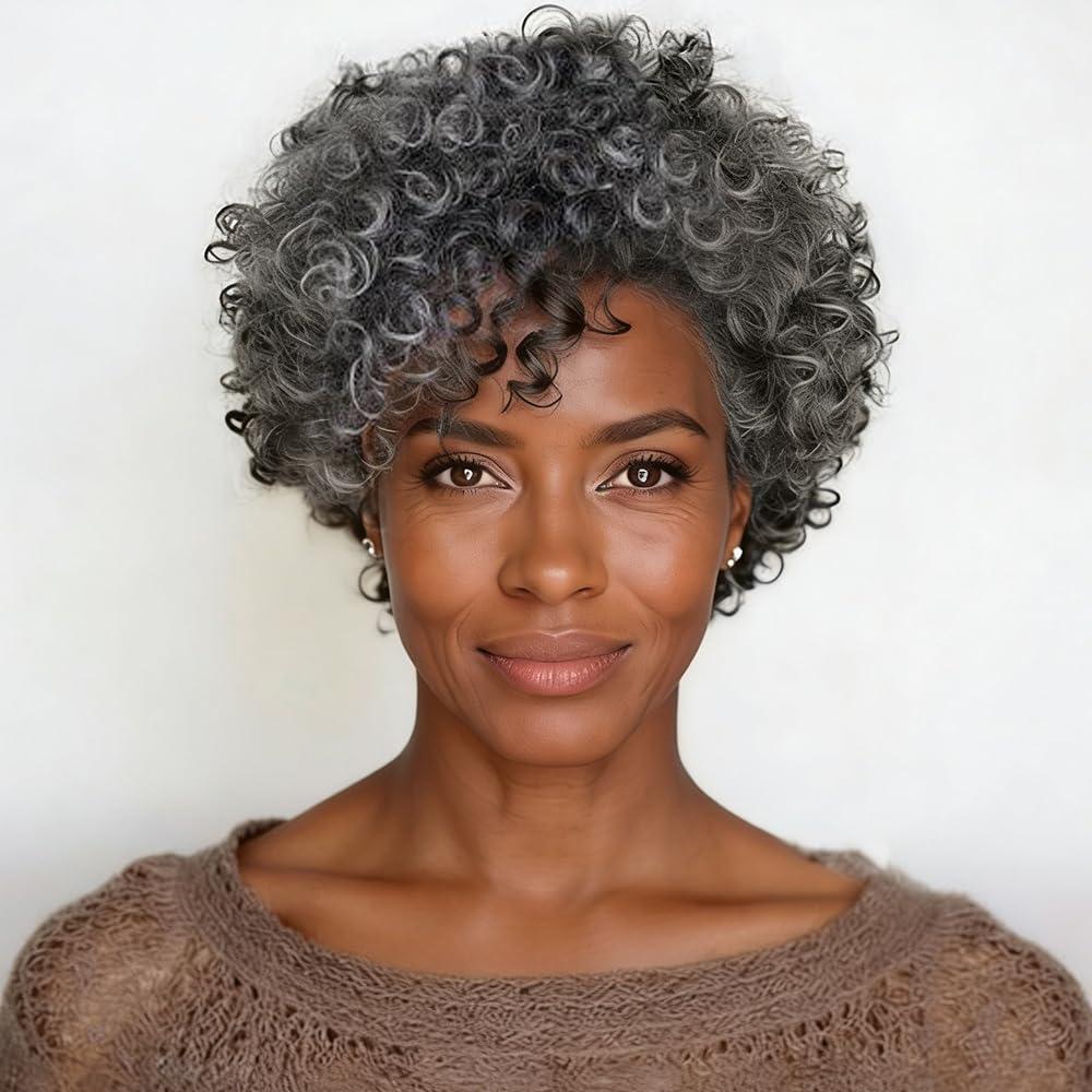 MOONSHOW Short Curly Wigs for Black Women - Synthetic Afro Wig - Pixie Cut with Bangs - Glueless - Modern Style
