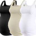 Ecavus Women's Maternity Tank Top 3 Pack Square Neck Ruched Side Soft Stretch Ribbed Comfortable Basic Shirt (Medium, Black+oatmeal+white)