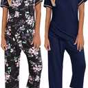 Ekouaer 2 Pack: Womens Pajamas Short Sleeve Sleepwear Tops and Capri Pants Pjs Print Pajama Sets (Medium, Black Flowers, Navy Blue)