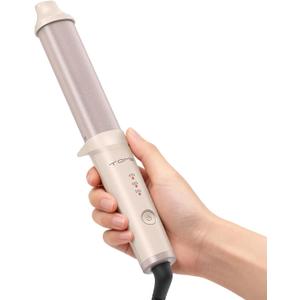 Mini Oval Curling Wand, 1.25 inch (32mm) No-Clamp Ceramic Wand-Style Curling Iron, 3 Temps 360/400/430F, 120240V Dual Voltage Travel Curler (Pink)