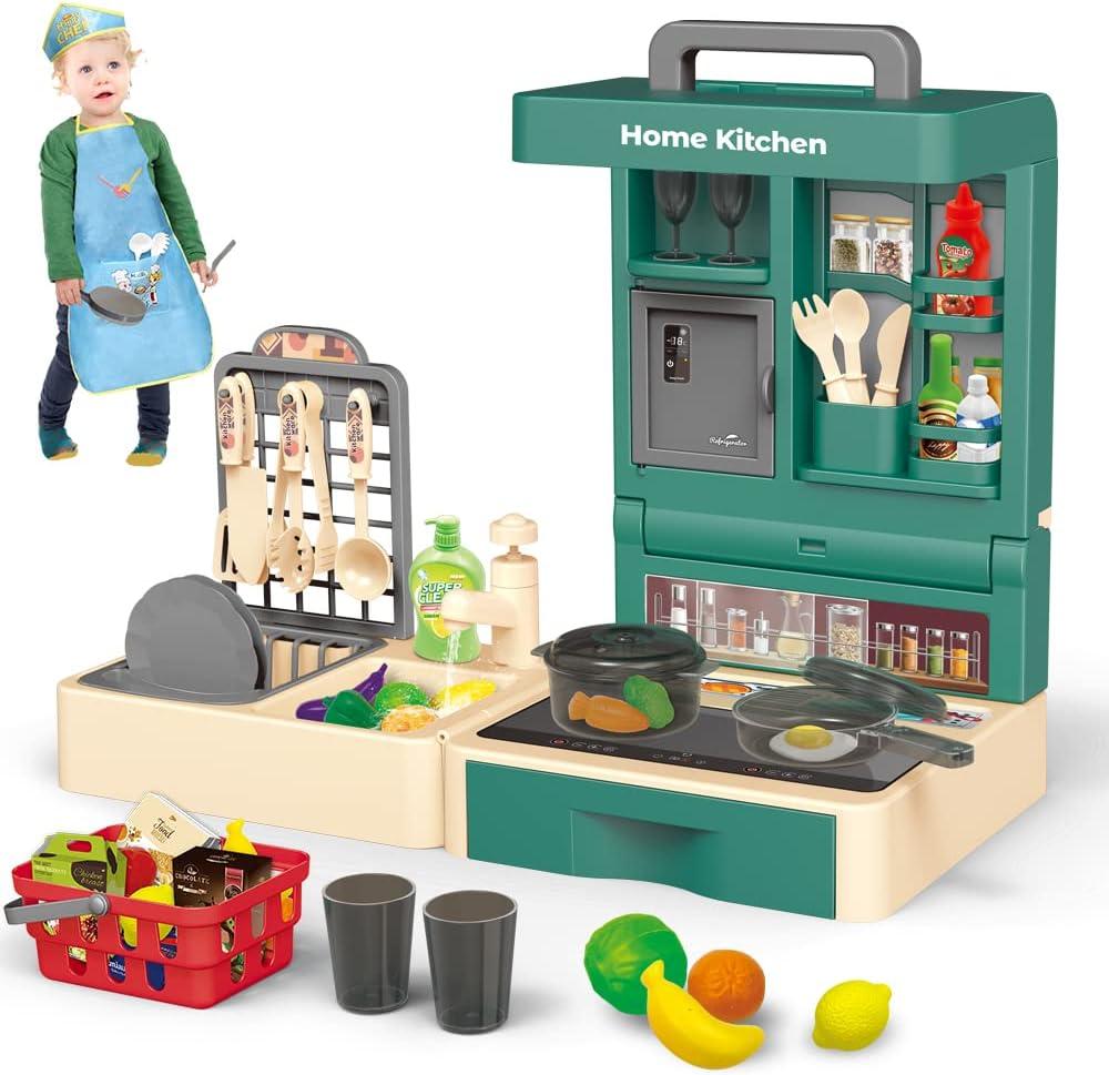 Kitchen Play Set for Kids - 49PCS Pretend Cooking Playset Accessories with Pot and Pan,Dish Rack,Play Sink,Pretend Play Food Toys with Baby&Toddler-Educational Gift for 3 4 5 6 Ages Girls&Boys (Green)
