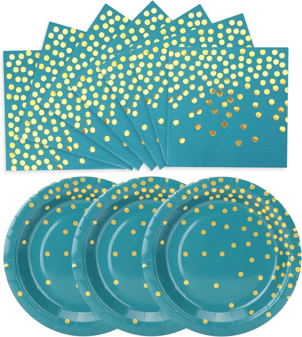 Blue Green Gold Paper Plates and Napkins 200Pack-100 x 7''Dessert Plates & 100 x 6.5''Napkins,Disposable Gold Dots Paper Plate for Father's Day,Independence Day,Birthday,Picnics