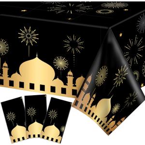 2 x Adirasenotek 3Pcs Ramadan Mubarak Party Tablecloths,87" Lx51 W Rectangular Plastic Table Covers,Disposable Tablecloths for Decoration,Birthday Party,Baby Showers(Black)