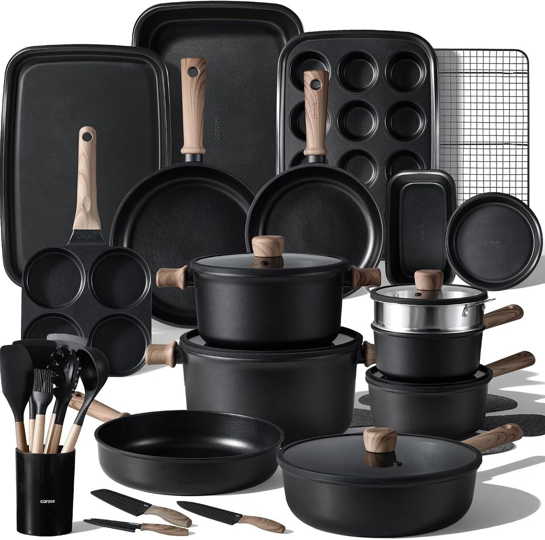 CAROTE 44pcs Nonstick Kitchen Titanium Cookware Sets, Nonstick Pots and Pans, Induction Cookware Set Kitchen Cooking Sets, Non Stick w/Frying Pan,Black