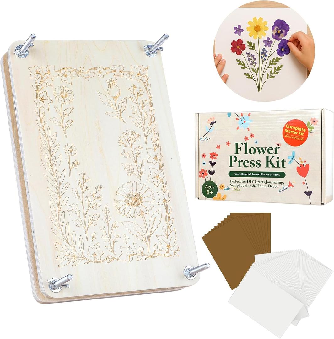 MeRGBWLife Large Flower Press Kit for Adults  10.8"x6.9" Wooden 6-Layer Flower Press for Pressed Flowers, Herbs & Leaves, DIY Flower Preservation for Bookmarks, Weddings, and Craft Projects