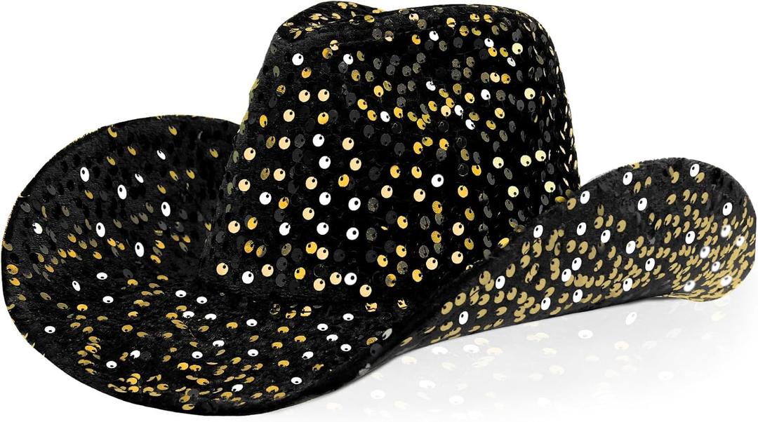 Quescu Cowgirl Hat for Women Western Style Sequins Cowboy Hats for Disco Crystal Hat for Carnival Wedding Costume Party (Black Gold)