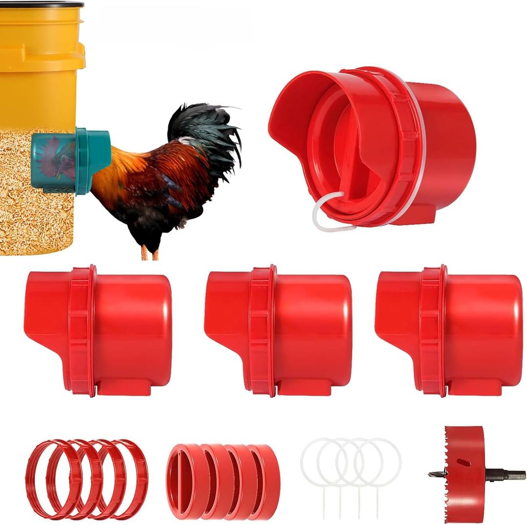 Chicken Feeder No Waste, 4 Ports Automatic Poultry Feeder with Covers & Hole Saw, Rain Proof Chicken Feeder Port for Buckets, Bins & Barrels (Red)