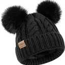 Kids Winter Beanie Childrens Warm Knitted Fleece Lined Ski Pom-Pom Warm Knit Hat for Boys & Girls 3-9 Years (Black)