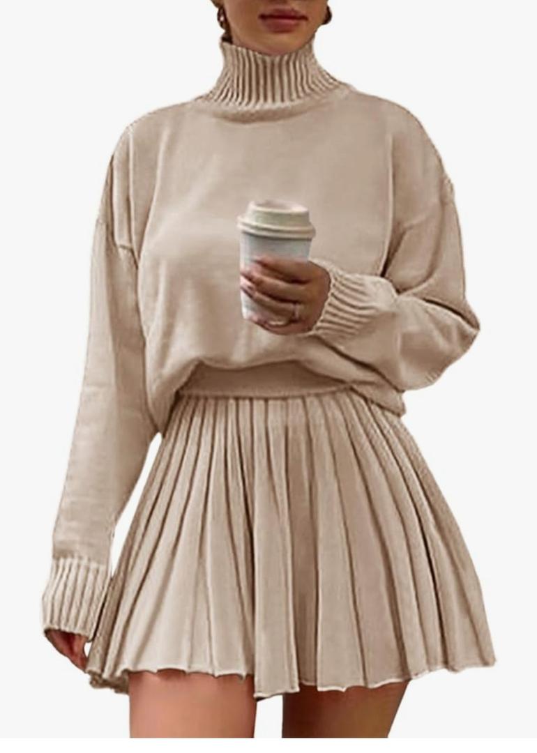 Women's 2 Piece Outfits Turtleneck Long Sleeve Oversized Pullover Sweaters and Pleated Mini Skirt Two Piece Sets, M