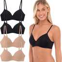 4 Pack Wirefree Bra - Women's Flexible Soft Foam Wireless No Wire Soft Pad T Shirt Bra Value Pack ((36) 36B, Black/Nude)